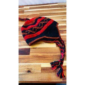 Unisex Vintage Wool ski hat with braided sides, ear flaps, red & black, Peruvian